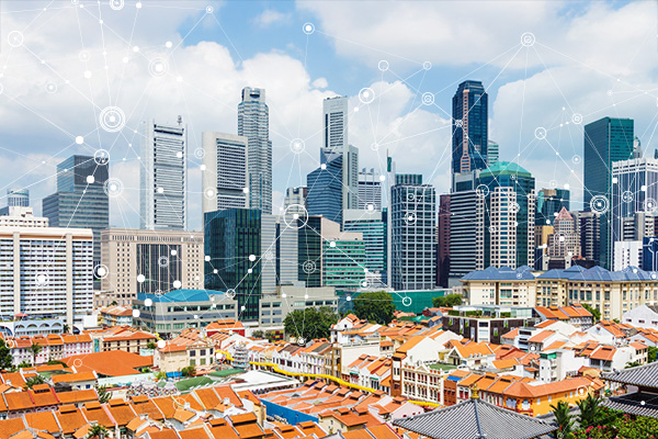 Singapore skyline with network nodes above Chinatown rooftops.